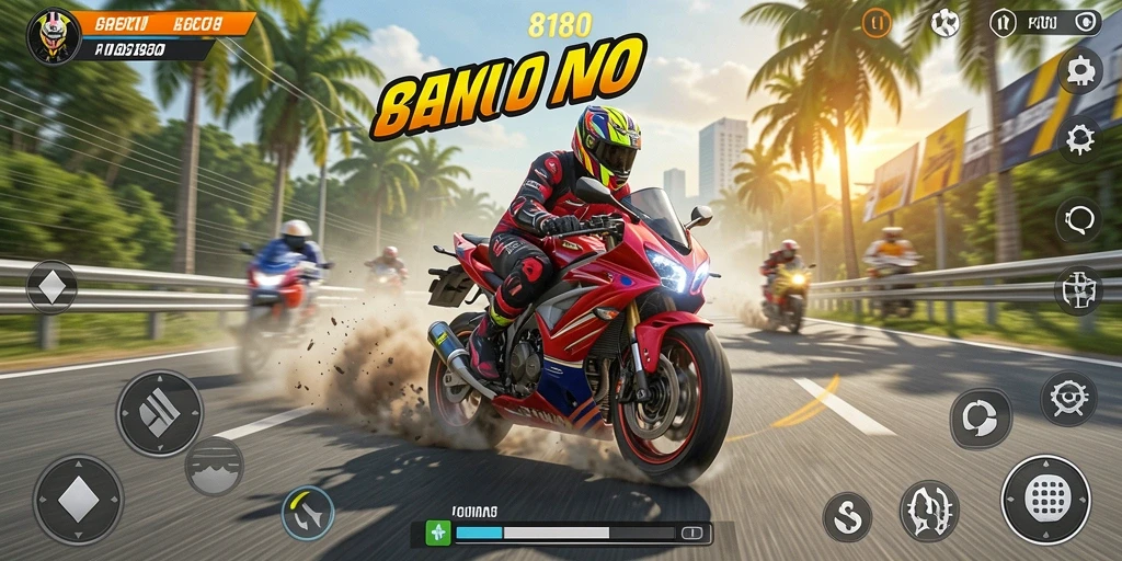 Tampilan penuh aksi dari gameplay balapan motor yang menegangkan.