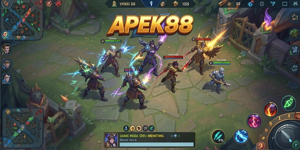 Screenshot gameplay APEK88 yang menampilkan aksi pertarungan MOBA.