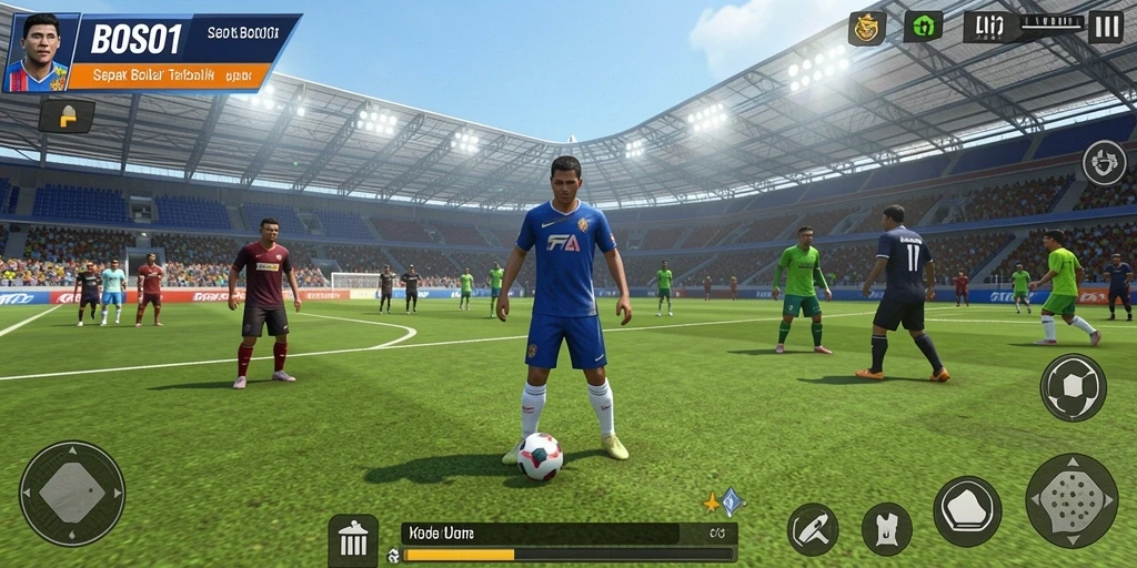 Tampilan gameplay nyata dengan aksi sepak bola seru.