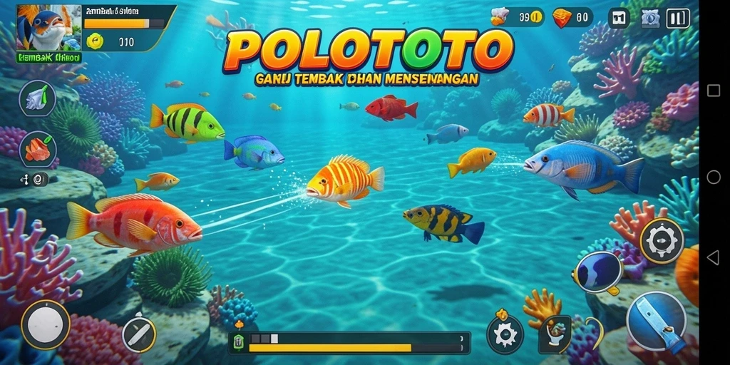 Screenshot gameplay POLOTOTO menampilkan aksi seru menangkap ikan.