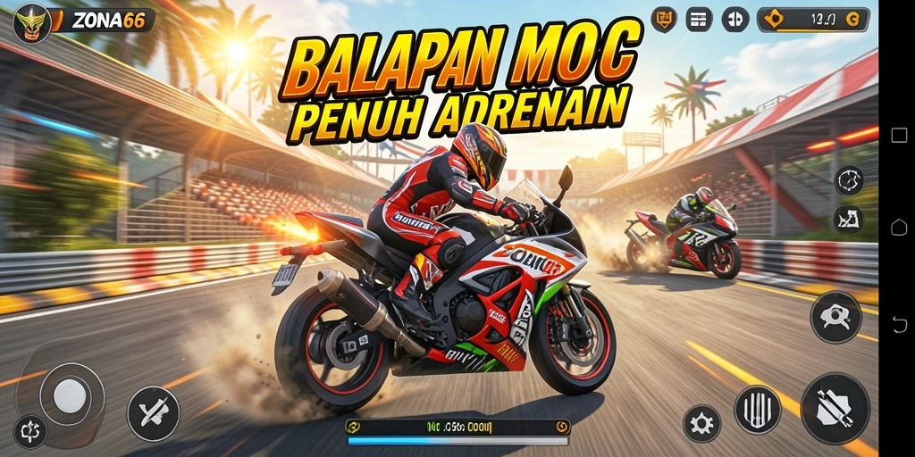 Screenshot ZONA66 menampilkan aksi balapan motor yang mendebarkan.